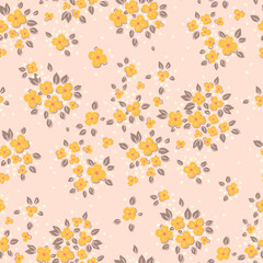 Seamless vintage pattern. Small yellow flowers on a light peach background. Vector texture. Fashionable print for textiles and wallpaper.