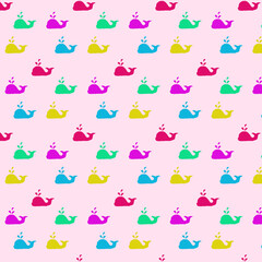 Cute whale seamless pattern in childish style. Vector Illustration. Can be used for fabric and textile, wallpapers, backgrounds, home decor, posters, cards.