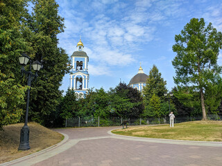 Moscow, Russia - August 30, 2022: Tsaritsyno Museum-Reserve. View of the dome and tower with bells Church of the Icon of the Mother of God