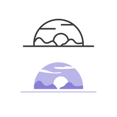 Ocean nature logotype line linear outline art vector icon or sunrise sea seafront coast resort travel horizon on mountains landscape logo emblem modern graphic illustration simple minimal design image