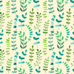 Fototapeta premium Watercolor seamless pattern of green leaves. Simple repeat print. Greenery, grass, summer, spring