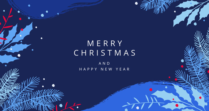 Merry christmas and happy new year banner. Winter holidays artistic template. Vector illustration for card, poster, cover, print, wallpaper, decor, header, social media post, advertisement