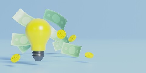 Light bulb and money on a minimal pastel blue background. Concept idea for making money.