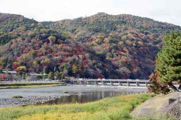紅葉の嵐山と渡月橋　京都市右京区嵯峨