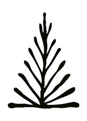 Hand drawn funny cartoon doodle christmas tree. Sketch style holiday fir tree. Simple artistic kids symbol. Black silhouette, icon or sticker png isolated 