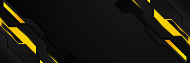 Black and yellow abstract banner background with tech business concept, line, arrow and halftone style. Wallpaper for poster, certificate, presentation, landing page