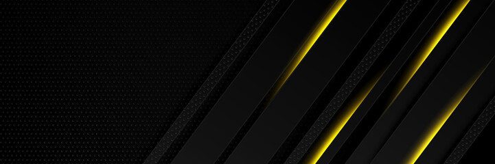 Black and yellow abstract banner background with tech business concept, line, arrow and halftone style. Wallpaper for poster, certificate, presentation, landing page