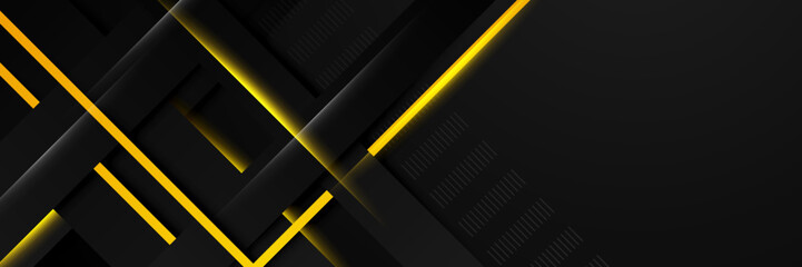 Black and yellow abstract banner background with tech business concept, line, arrow and halftone style. Wallpaper for poster, certificate, presentation, landing page