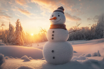 Fototapeta premium Cute snowman in winter landscape