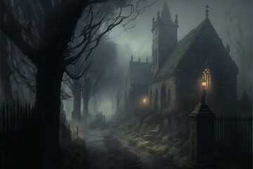 Digital art of a haunted castle in a foggy Halloween night. - obrazy, fototapety, plakaty