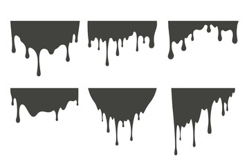 Melted drips and liquid paint drops. Current chocolate, ink, honey or syrup. Oil and cream blobs. Vector set