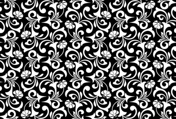 Flower pattern. Seamless white and black ornament. Graphic vector background. Ornament for fabric, wallpaper, packaging