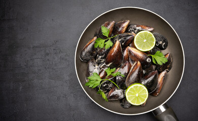 Raw mussels on the vintage background