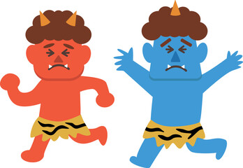 逃げる赤鬼と青鬼のイラスト