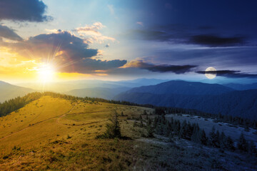 green nature environment of trascarpathia at twilight. day and night time change concept. scenery in mountains of chornohora ridge in summer with sun and moon. landscape with spruce forest on the hill