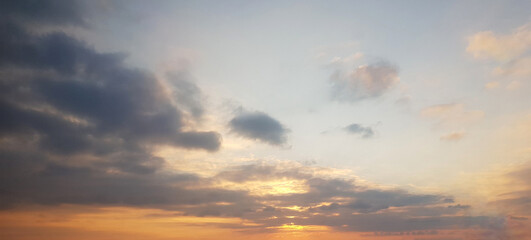 Naklejka na ściany i meble Dramatic panorama sky with cloud on sunrise and sunset time. Panoramic cloudscape background