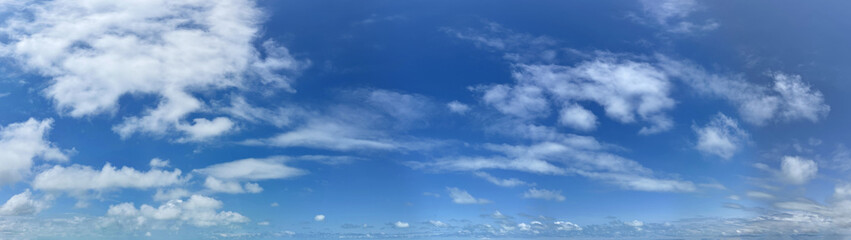 Panorama of a blue sky with white cumulus clouds as a backround