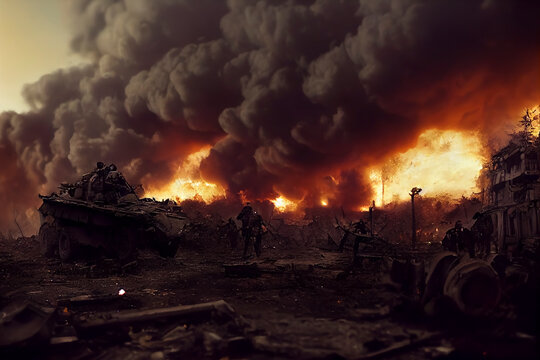 Thema Krieg oder Terror: Explosion mit Trümmer oder Ruinen, Feuer und Qualm