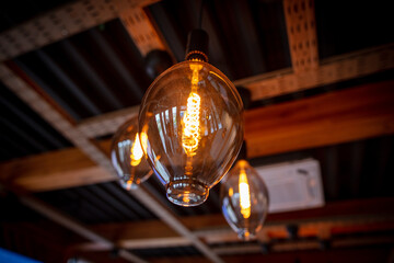 Decorative lamps on the ceiling in a cafe.