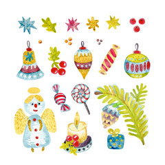 Obraz premium A set of watercolor holiday pictures similar to a child's drawing. Christmas angel, candle, Christmas tree decoration, stars, Christmas branch. Cute cartoon characters illustrations are arranged separ