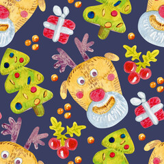 Christmas New Year pattern with cartoon Christmas deer. Cheerful and cute character with red nose, Christmas tree, gifts and confetti.