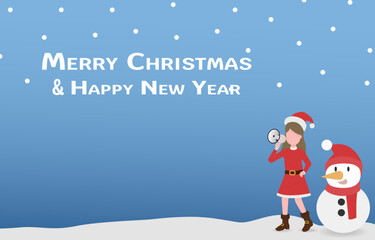A young woman wearing a Santa Claus costume stands next to a snowman. Holding a megaphone saying Merry Christmas and Happy New Year. Vector illustration eps10.