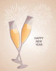 Two glasses of champagne on the background of a festive salute.Congratulations on the new year, Christmas.