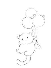 イラスト素材: 風船を片手に飛んでいる猫(線画)