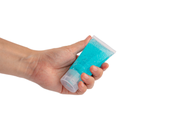 hand with alcohol gel or hand sanitizer pump bottle for washing hand in hospital or public area. on transparent background.