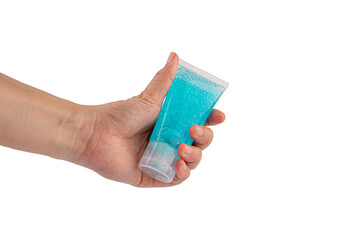 hand with alcohol gel or hand sanitizer pump bottle for washing hand in hospital or public area. on transparent background.