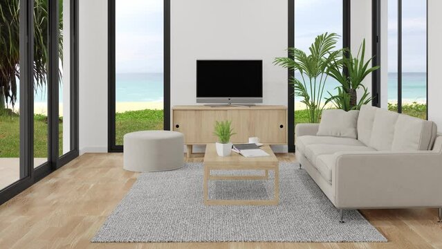 Bright living room in modern beach house or luxury villa. White home interior 3d rendering with sea view.
