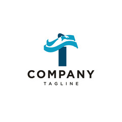 T Letter swimming logo with abstract man silhouette Vector logo icon vector Template