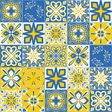 Vector pattern square ceramic tiles in Portuguese Azulejo style, contrast blue yellow