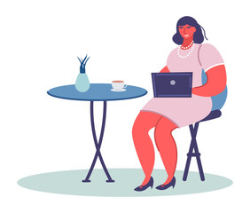 Woman work on laptop at cafe vector illustration