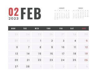 Monthly Calendar Template of february 2023. Vector simple gray grid layout for wall or desk calendar with week start on Monday for print