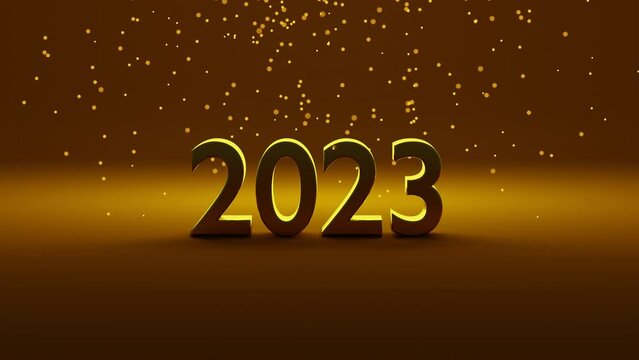 Number 2023 of gold color is placed on gradient gold background. Particles of light are falling from top side. Concept of celebration of new year 2023. Happy new year greeting image. 3D render.