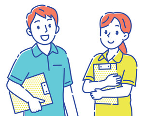 ポロシャツを着た若い介護士の男女二人