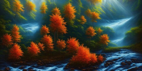 Fototapeta na wymiar Autumn is in the forest, a mountain river flows in the valley between the trees. Yellow orange foliage. The morning autumn sun illuminates the branches of autumn trees. 3d illustration