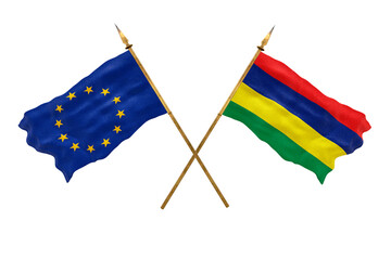 Background for designers. National Day. 3D model National flags European Union and Mauritius
