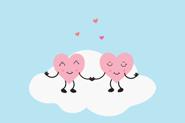 Two cute hearts in kawaii style. Hand drawn cartoon characters.Love concept. Vector illustration