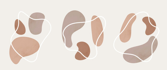 Set of watercolor abstract organic shape background. Collection of earth tone color abstract shape, white line art, vintage style background. Design illustration for wall art, decoration, wallpaper.