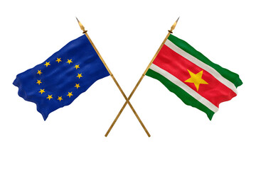 Background for designers. National Day. 3D model National flags European Union and Suriname