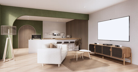 Fototapeta na wymiar Minimalist Green Living Room muji style Interior Design have sofa wabisabi and decoration japandi.