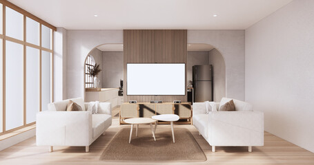 Fototapeta na wymiar Living room, cabinet Tv and sofa armchair minimalist design muji style.