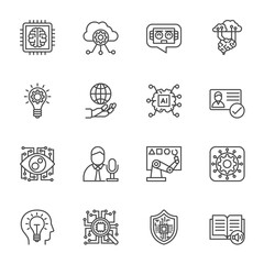 AI Artificial Intelligence technology and Machine Learning Icons, Vector thin line icons set.