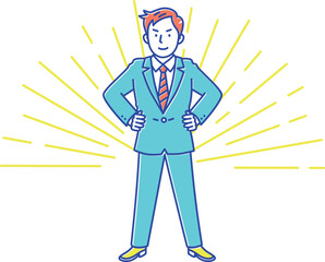 腰に手を当てたやる気いっぱいの若い男性ビジネスマンのイメージ