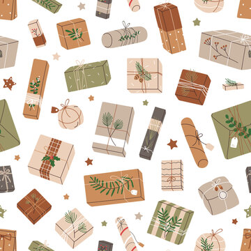 Christmas gifts pattern. Seamless background with Xmas present boxes in brown paper, kraft wrapping. Holiday craft surprises repeating print, texture design. Flat vector illustration for decoration