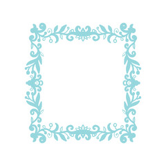 Square frame template with floral ornament. Blue frame with place for lettering with flowers and leaves. Decorative botanical illustration