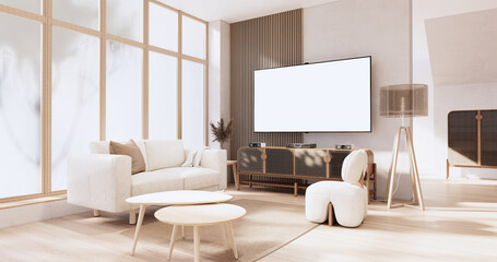 Living room, cabinet Tv and sofa armchair minimalist design muji style.