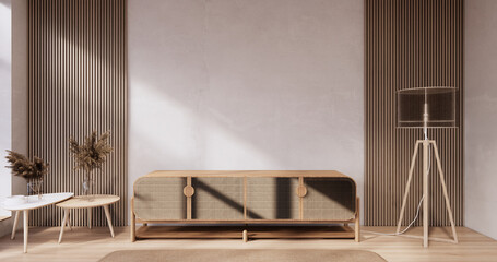 Cabinet wooden japandi design on living room wabi sabi style empty wall background